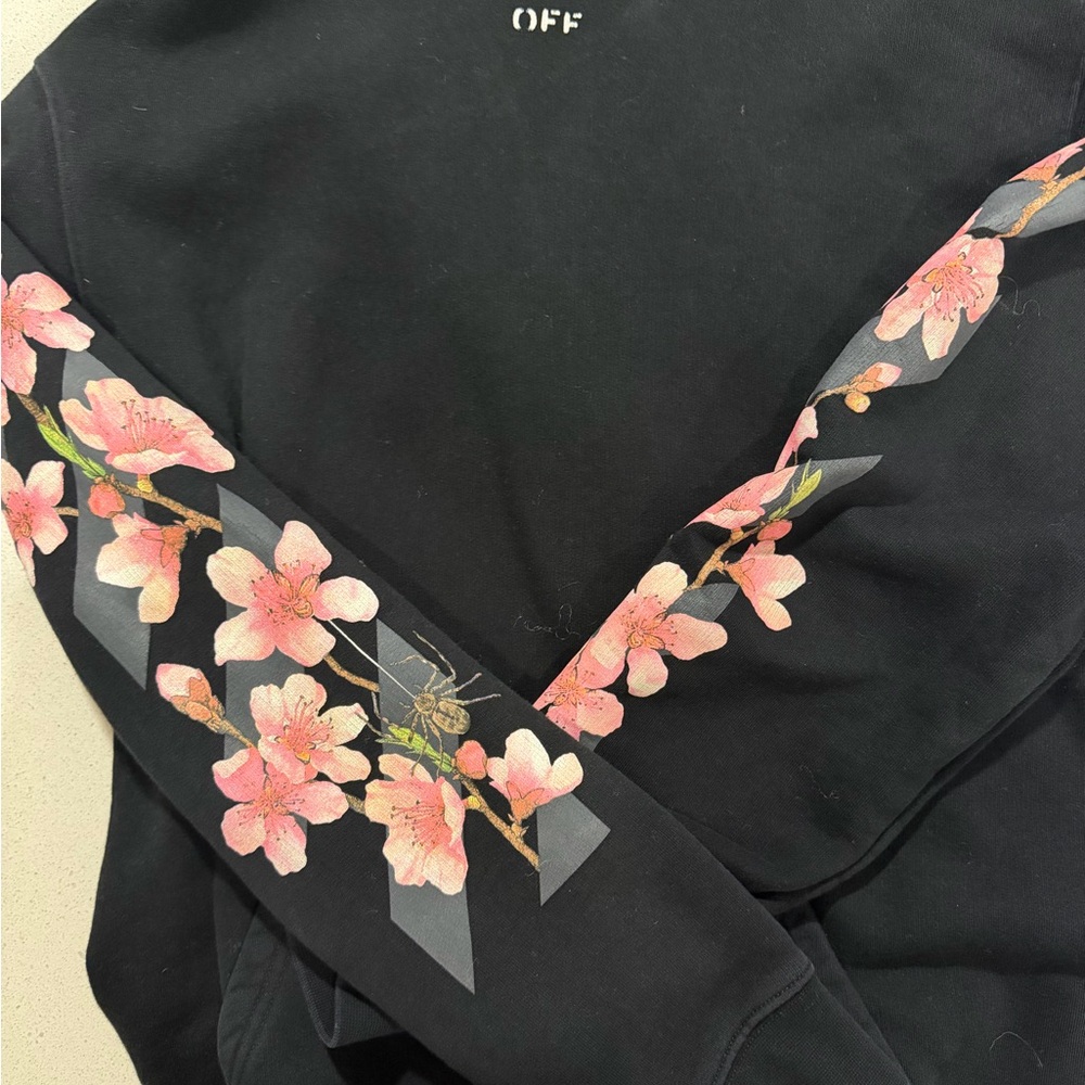 Off-White Black Hoodie with Pink Floral Sleeve Print